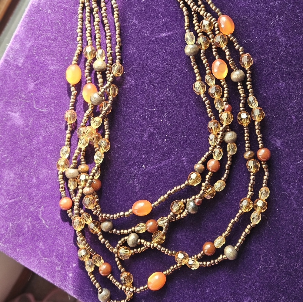 Vintage 1970s 5-strand bronze base, orange, amber, and wood beaded necklace
